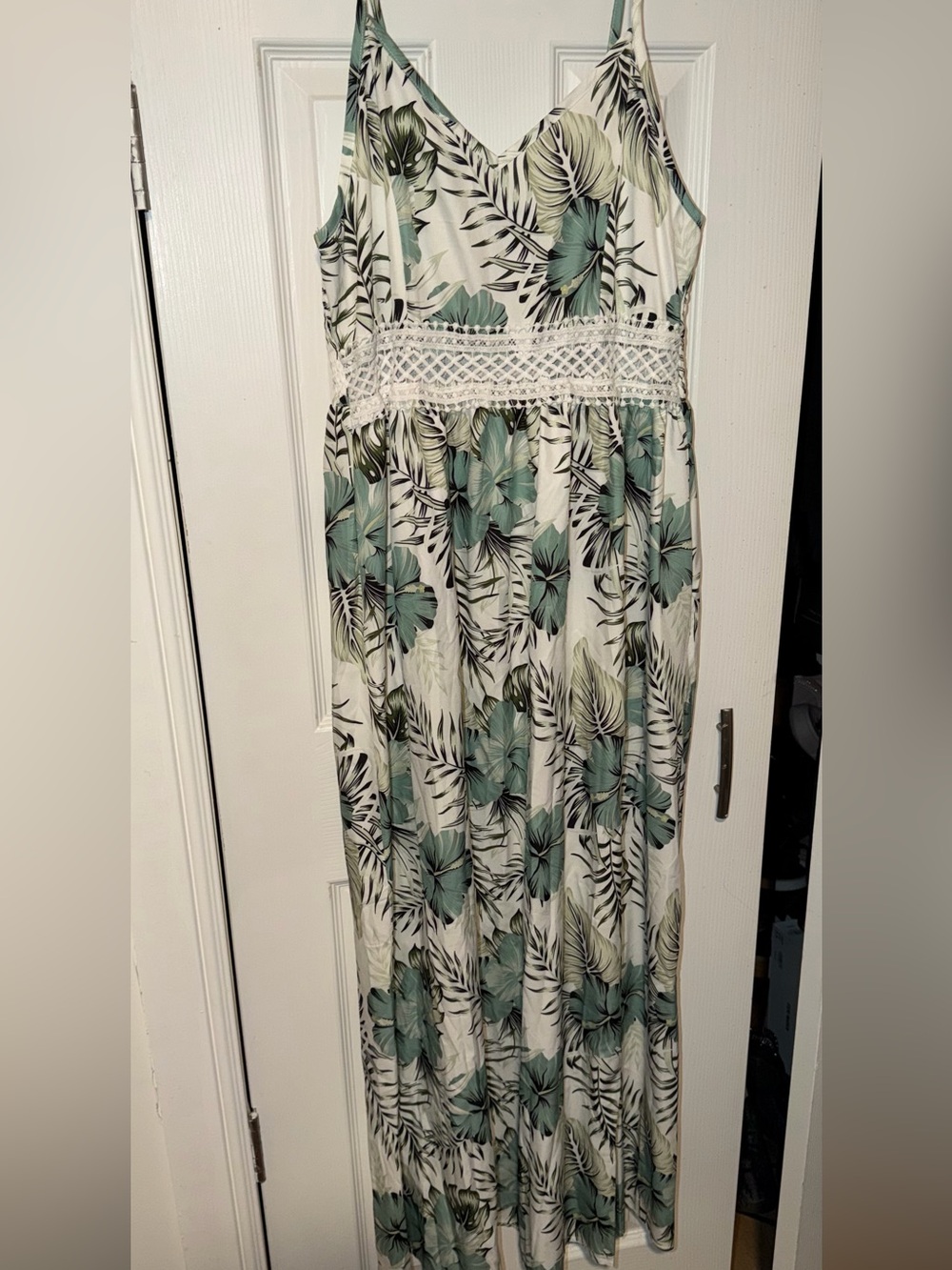 Women’s White Tropical Print Maxi Dress with Green Floral Accents